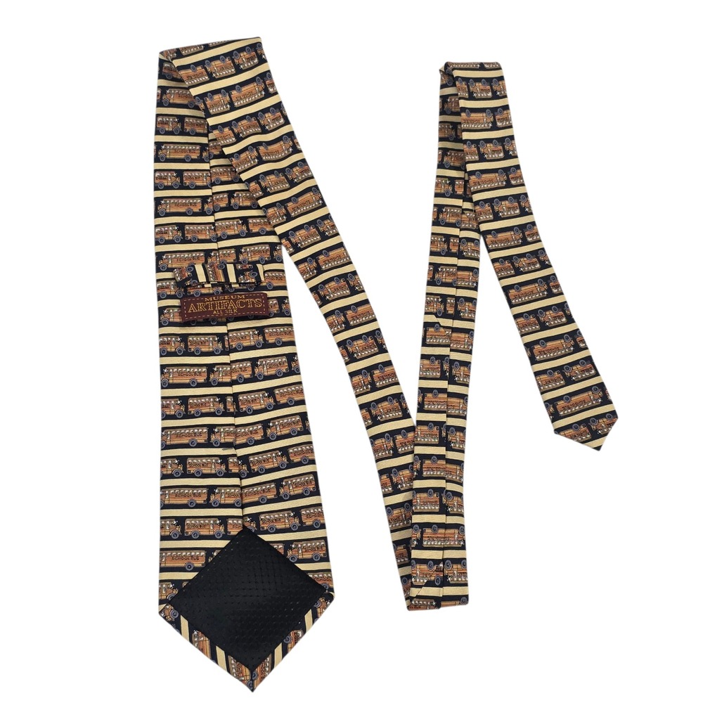 Museum Artifacts Mens Neck Tie Black Handmade Silk School Bus Classic Principal
